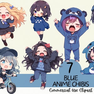 7 adorabili clipart kawaii blu chibi - uso commerciale e sfondo trasparente PNG per scrapbooking, journaling e cardmaking