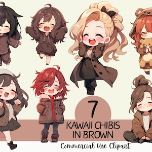 7 adorabili chibi kawaii in marrone clipart bundle - uso commerciale sfondo trasparente PNG per scrapbooking, journaling e cardmaking