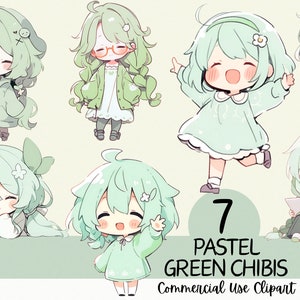 7 adorables cliparts kawaii de chibi verde pastel: uso comercial y PNG transparente para álbumes de recortes, streaming, diarios, tarjetas y agendas.