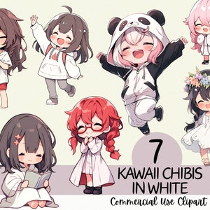 7 adorabili chibi kawaii in bianco clipart bundle - uso commerciale e sfondo trasparente PNG per scrapbooking, journaling e cardmaking