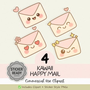 Kawaii envelop gezichten PNG-clipart – Cute Happy Mail met hartjes, strikken en glitters – pastelkleurige digitale stickers voor planners en tijdschriften