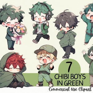 Pacote de 7 lindos garotos chibi de anime em clipart verde - Uso comercial e fundo PNG transparente para planejadores, streaming, adesivos e criação de cartões