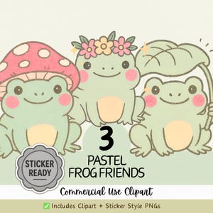 Pacchetto di clipart di rane pastello - Rane kawaii in stile cottagecore con cappello a fungo, corona di fiori, ombrello a forma di foglia - PNG per adesivi, agende, diari