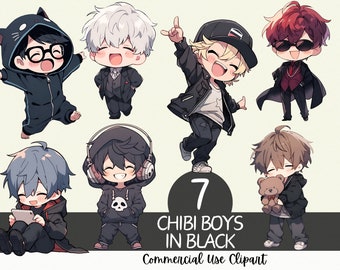 7 Cute Anime Chibi Boys in Black Clipart Pack - Commercial Use and Transparent Background PNG for Planners, Streaming, Stickers, Cardmaking