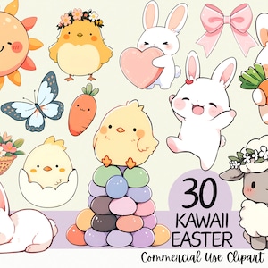 30 bundle di clipart di Pasqua Kawaii / simpatico coniglietto colorato, pollo, cestino, illustrazioni di uova di Pasqua / download istantaneo / PNG per uso commerciale