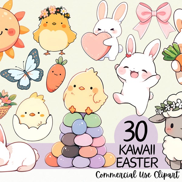 30 Kawaii Easter Clipart Bundle | Cute Colorful Bunny, Chicken, Basket, Easter Eggs Illustrations | Instant Download | Commercial Use PNG