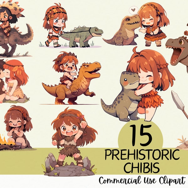 15 Kawaii Prehistoric Chibi Clipart Bundle - Commercial Use and Transparent Background PNG of Dinosaurs, Stone Age, Trex and Raptors