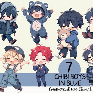 Clipart Chibi bleu - Adorable décoration de chambre de bébé |  Garçons animés kawaii | Stickers agenda | Emojis diffusés sur Twitch | oeuvre d'art pour carte d'anniversaire | usage commercial