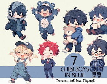 May include: Seven digital illustrations of chibi boys in blue clothing. The boys are wearing various blue outfits, including a blue jacket, a blue jumpsuit, a blue sweater, and a blue shirt. The illustrations are in a cartoon style and are suitable for use as clipart.