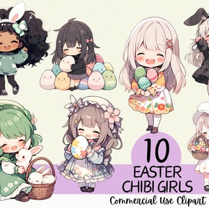 10 かわいいイースターチビクリップアートバンドル | かわいいカラフルな春のチビ、イースターエッグ、ウサギのイラスト | 即時ダウンロード | 商用利用可能な PNG