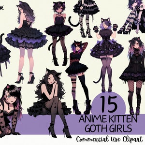 Pacote de clipart de 15 Anime Kitten Goth Girls - Uso comercial e fundo transparente PNG para scrapbooking, registro em diário e criação de cartões