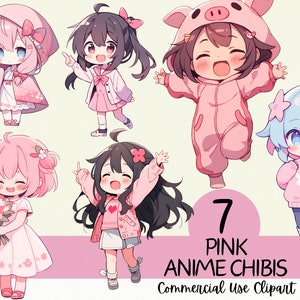 Pacote com 7 adoráveis cliparts Kawaii Pink Chibi - Uso comercial e fundo PNG transparente para scrapbooking, diário e criação de cartões