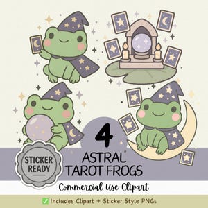 Astral Frogs Reading Tarot Clipart – Kawaii Space Frog PNG's, Mystic Frog Stickers, Witchy pastelkikkers voor tijdschriften, planners en scrapbooking
