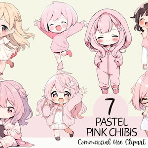 7 cliparts adoráveis de chibi rosa pastel kawaii - uso comercial e PNG transparente para scrapbooks, streaming, diários, cartões e planejadores
