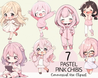 7 Adorable Kawaii Pastel Pink Chibi Clipart - Commercial Use and Transparent PNG for Scrapbooks, Streaming, Journals, Cardmaking, Planners
