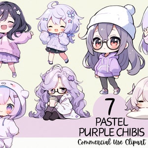 7 schattige kawaii pastel paarse chibi-clipart - commercieel gebruik en transparante png voor plakboeken, streaming, tijdschriften, kaarten maken, planners