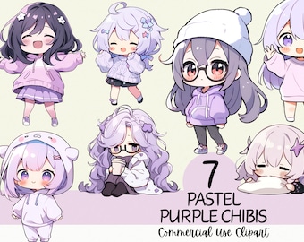 7 Adorable Kawaii Pastel Purple Chibi Clipart - Commercial Use and Transparent PNG for Scrapbooks, Streaming, Journals, Cardmaking, Planners