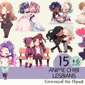 15 Kawaii Chibi Lesben Paare Clipart Bundle - Kommerzielle Nutzung und transparenter Hintergrund PNG zum Valentinstag, Hochzeiten, Jubiläen