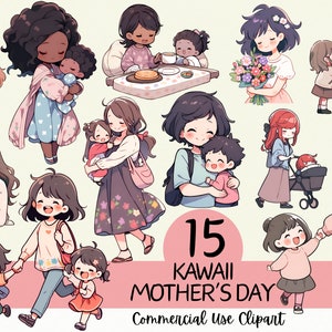 Anime fête des mères - 15 PNG à usage commercial, autocollants maman chibi kawaii, amour, vacances de printemps, carte de fils et fille, belle grand-mère