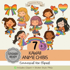 Paquete de imágenes prediseñadas de chica arcoíris kawaii: pegatinas de anime chibi para agenda, arte digital adorable, imprimibles para niños, estética pastel, paquete de atuendos arcoíris