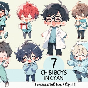Süße Chibi Boys in Cyan Clipart Pack - Bezaubernde Kinderzimmerdeko |  Kawaii Anime Jungen | Planner Sticker | Twitch Stream emoji | b-day Karte Kunst