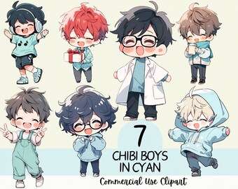 May include: Seven illustrations of chibi boys in various poses, all wearing different shades of cyan blue clothing. The text "7 CHIBI BOYS IN CYAN Commercial Use Clipart" is at the bottom of the image.