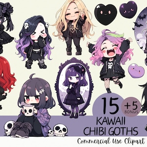 Kawaii Chibi Goth Girls Clipart Bundle: Transparent PNG (Commercial Use)