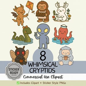 Cliparts de cryptides fantaisistes - 8 monstres et créatures kawaii mignons - Fichiers PNG prêts à être collés pour des agendas, des travaux manuels, des journaux et des divertissements d'Halloween