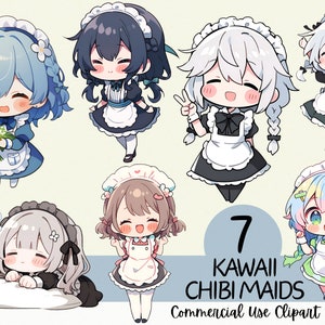 Kawaii Chibi Maid Clipart Bundle - 7 süße Anime PNGs für Aufkleber, Scrapbooking, Journals, digitale Planer, Handwerk, kommerzielle Nutzung