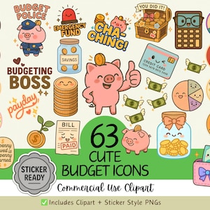63 adesivi clipart per il budget / icone carine per il monitoraggio delle spese e PNG per la finanza / adesivi kawaii per la gestione del denaro / uso commerciale