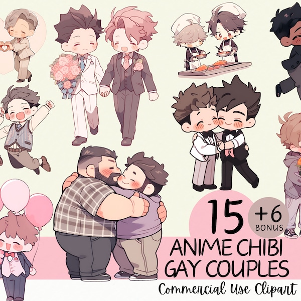 15 Kawaii Chibi Gay Couples Clipart Bundle - Commercial Use and Transparent Background PNG for Valentines Day, Weddings, Anniversaries, Love