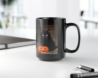 Halloween-mok, schattige zwarte kat Halloween-mok, Halloweencadeau, cadeaus voor kattenliefhebbers, herfstdecoratie, 15oz