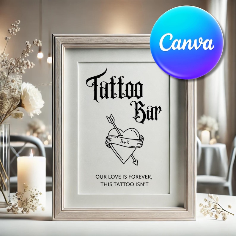 Tillfällig tatueringsstation bröllopsskylt | Tatueringsbar | Redigerbar Canvasmall | Bröllopsgåva | Möhippa bild 2