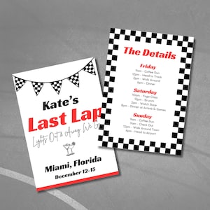 以下が含まれることがあります： 黒と白の市松模様の背景に、赤い文字で「Kate's Last Lap Lights Out & Away We Go」と「Miami, Florida 12-15 December」と書かれている。黒と白の市松模様の背景を持つ2枚目のカードには、「The Details」というテキストと、週末旅行のイベントスケジュールが書かれている。