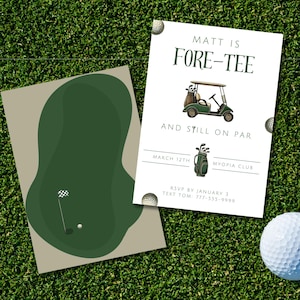 May include: A green golf course invitation with a golf cart and bag of clubs. The text reads "Matt is Fore-Tee and Still on Par" with the date "March 12th" and location "Myopia Club". RSVP by January 3, text Tom 777-555-9999.
