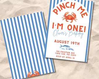 Pinch Me I'm One Lobster Birthday Party Invitation Template |  | Coastal Bachelorette Theme | Edit, Print