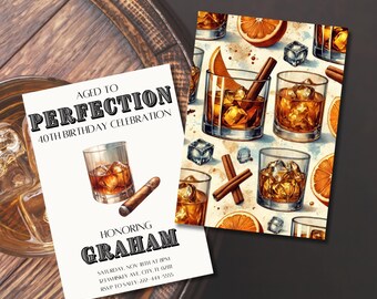 Whiskey Cigar Birthday Invitation Template | Men's Milestone (Editable)