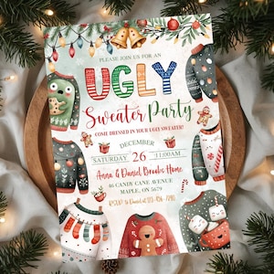 Peut inclure: Une invitation festive pour une "Ugly Sweater Party" avec du texte coloré et des illustrations de pulls. L'invitation comprend la date, l'heure et le lieu : le 26 décembre à 11h00, chez Anna & Daniel Brooks Home, 46 Candy Cane Avenue, Maple, ON 5679.
