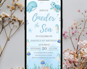 Oneder The Sea Phone Invite • Oneder The Sea Birthday Evite • Ocean Animals Birthday Party Digital Invitation  • Ocean First Birthday IS19
