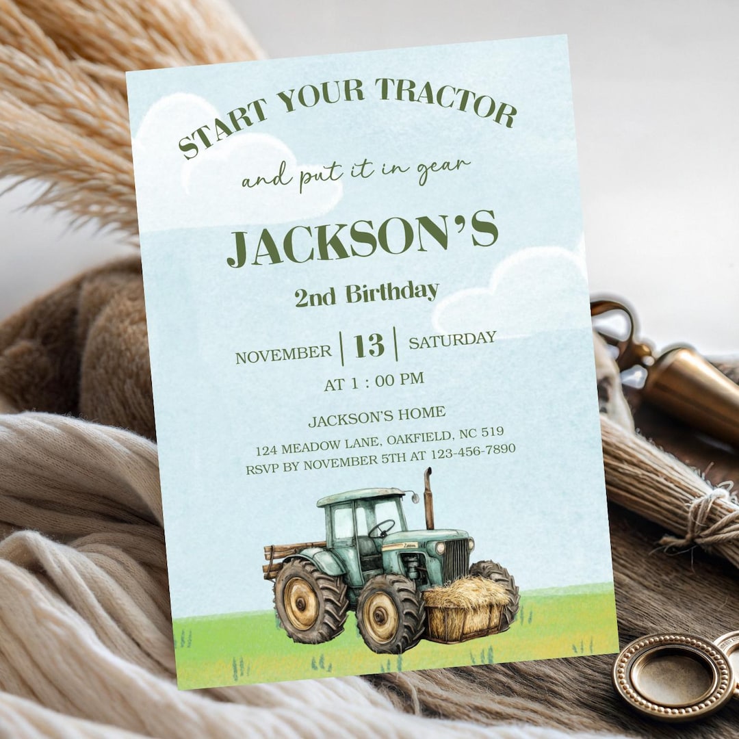 Editable Green Tractor Birthday Party Invitation • Tractor Birthday ...