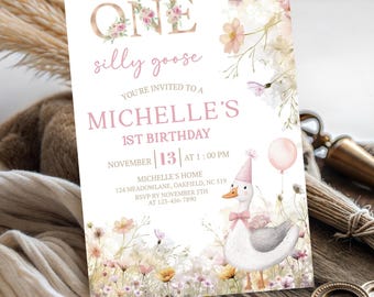 Editable Silly Goose First Birthday Invitation • Pink Silly Goose Girl First Birthday Invite • One Silly Goose Birthday Party Invite IS102