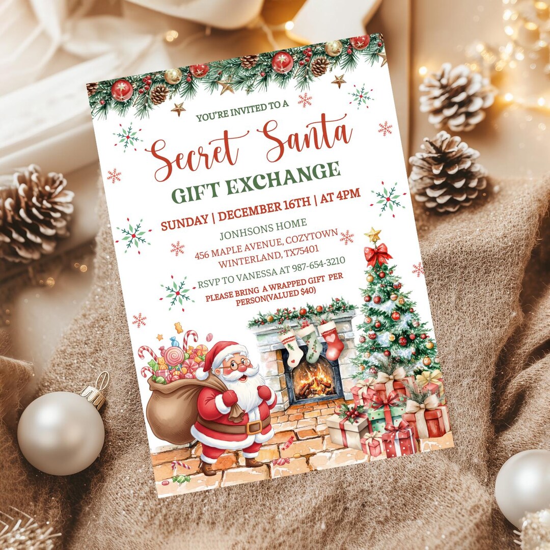 Editable Secret Santa Gift Exchange Invitation • Secret Santa Gift ...
