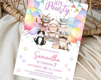 Invitación de cumpleaños de gato editable • Tarjeta de invitación para fiesta de cumpleaños de Pawty • Invitación de cumpleaños de Lets Pawty Kitty • Tarjeta de cumpleaños de Kitty Cat IS92