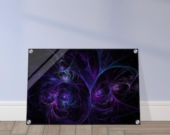 May include: Abstract art print with swirling lines of purple and blue on a black background. The print is framed in a clear glass frame with silver metal accents.