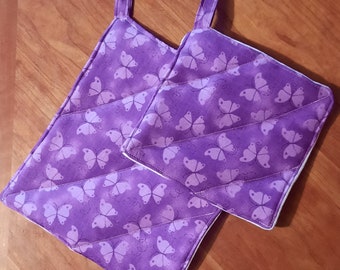 Set of 2 Handmade Potholders | Hot Pad Trivet with Purple Butterflies Design | Thick Potholders | Housewarming Farmhouse Style Kitchen Decor