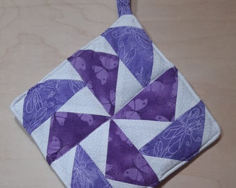 A 6" x 6" Handmade Potholder | Hot Pad with Purple Quilted Square Design | Thick Potholders | Housewarming Farmhouse Style Kitchen Decor