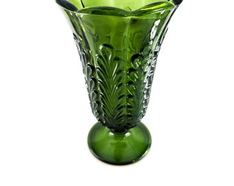 vase, green glass vase, vintage glass vase, E O Brody co, pressed glass, vase on pedestal, emerald green glass,