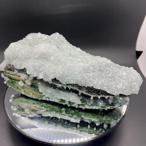 May include: A green alligator head sculpture covered in white, translucent, crystal-like material. The sculpture is displayed on a black, circular base.