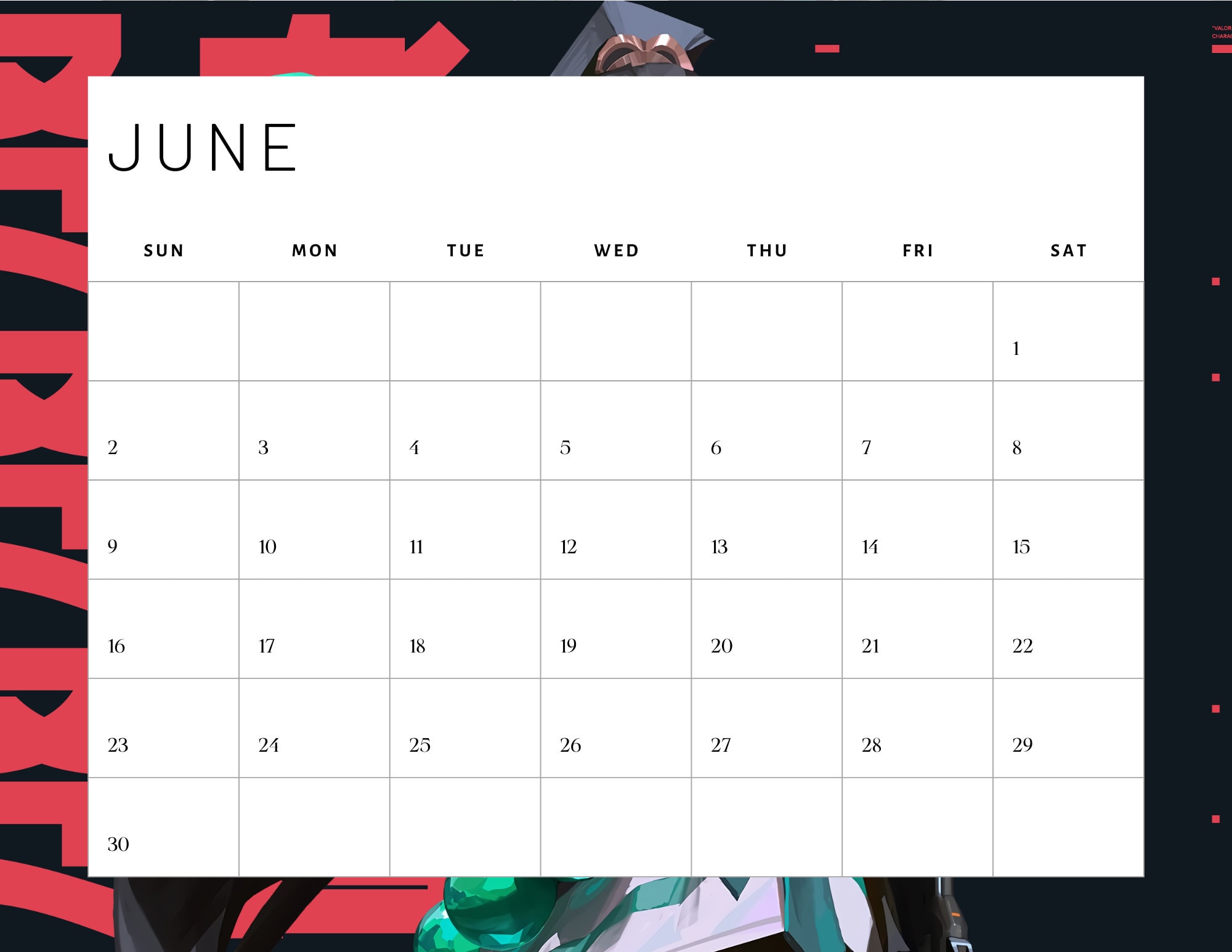 2024 Valorant Agent Sage Calendar Monthly Calendar Sunday Start 2024 A4