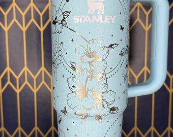 Twilight Garden Laser Engraved Stanley Tumbler: Floral Moon Design